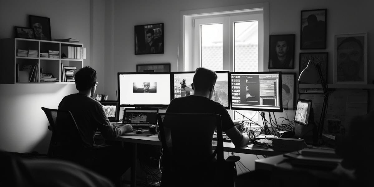 مصمم محترف+الذكاء الاصطناعي= تصميم استراتيجي يتفوق على المنافسين 3 Black and White Photo of Professionals Working Indoors