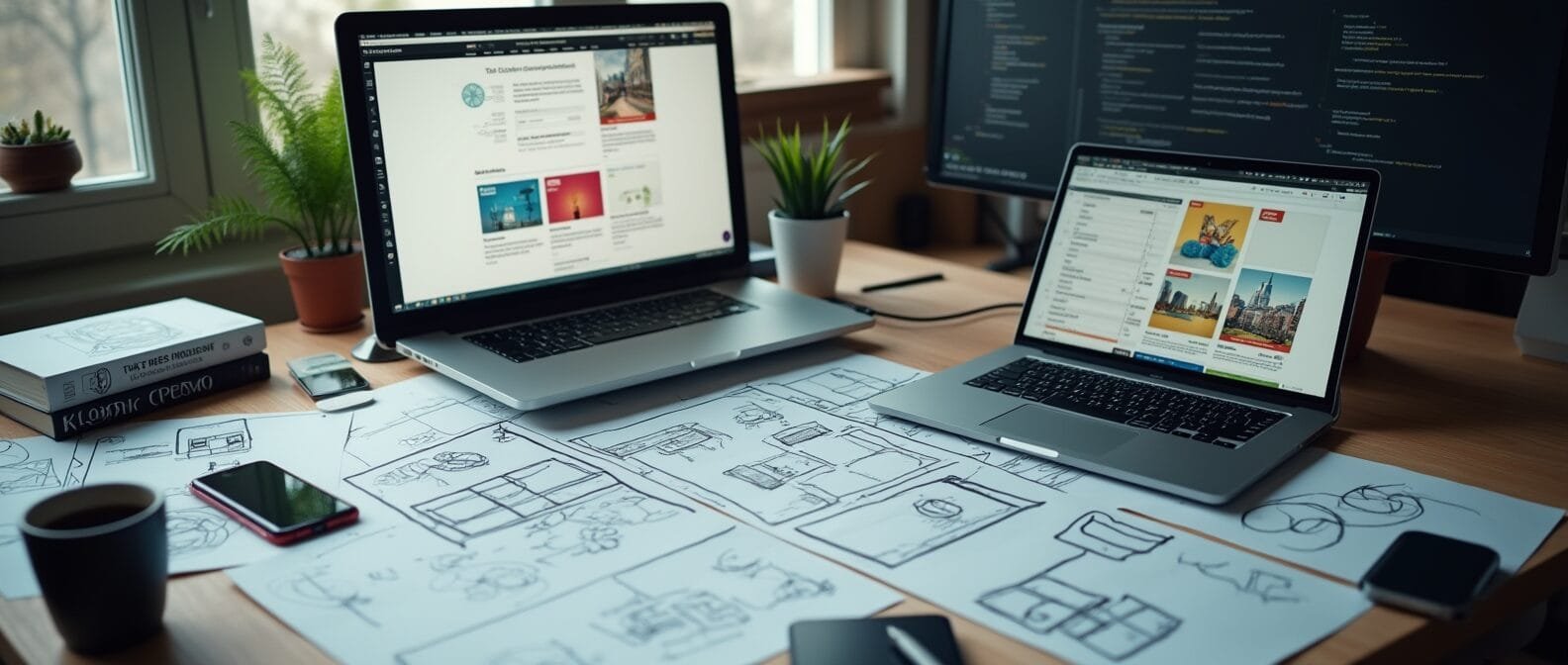 create a high resolution wide format studio scene of a modern digital workspace dedicated to e