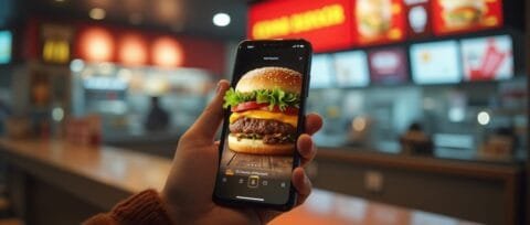 a realistic scene inside a modern fast food restaurant a hand is holding a smartphone in the foreg oyi2mwq4hxh79ouni9mf 3